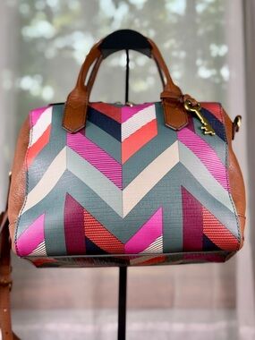 Fossil Fiona Multicolor Geometric Chevron Print Satchel Crossbody Bag EUC